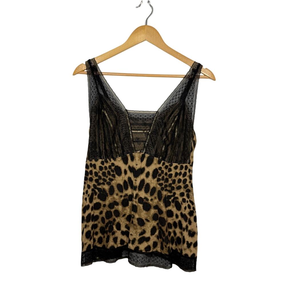 Cool Nights Y2K Tank Top Size Large Tan Leopard Print Mesh Lace Trim Metallic